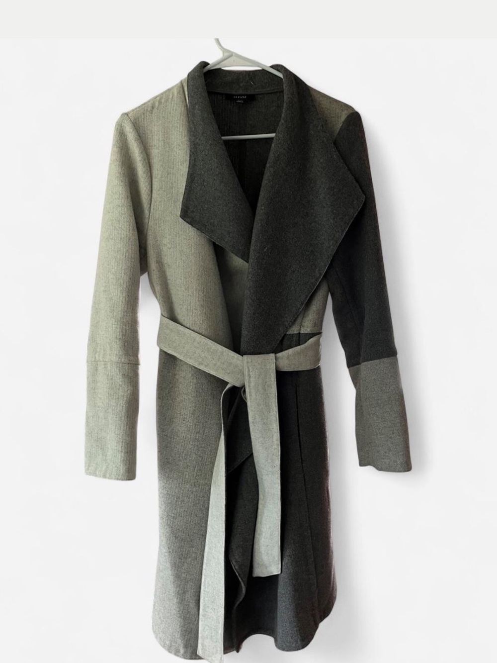 Two-Tone Gray Wrap Coat with Self-Tie Belt